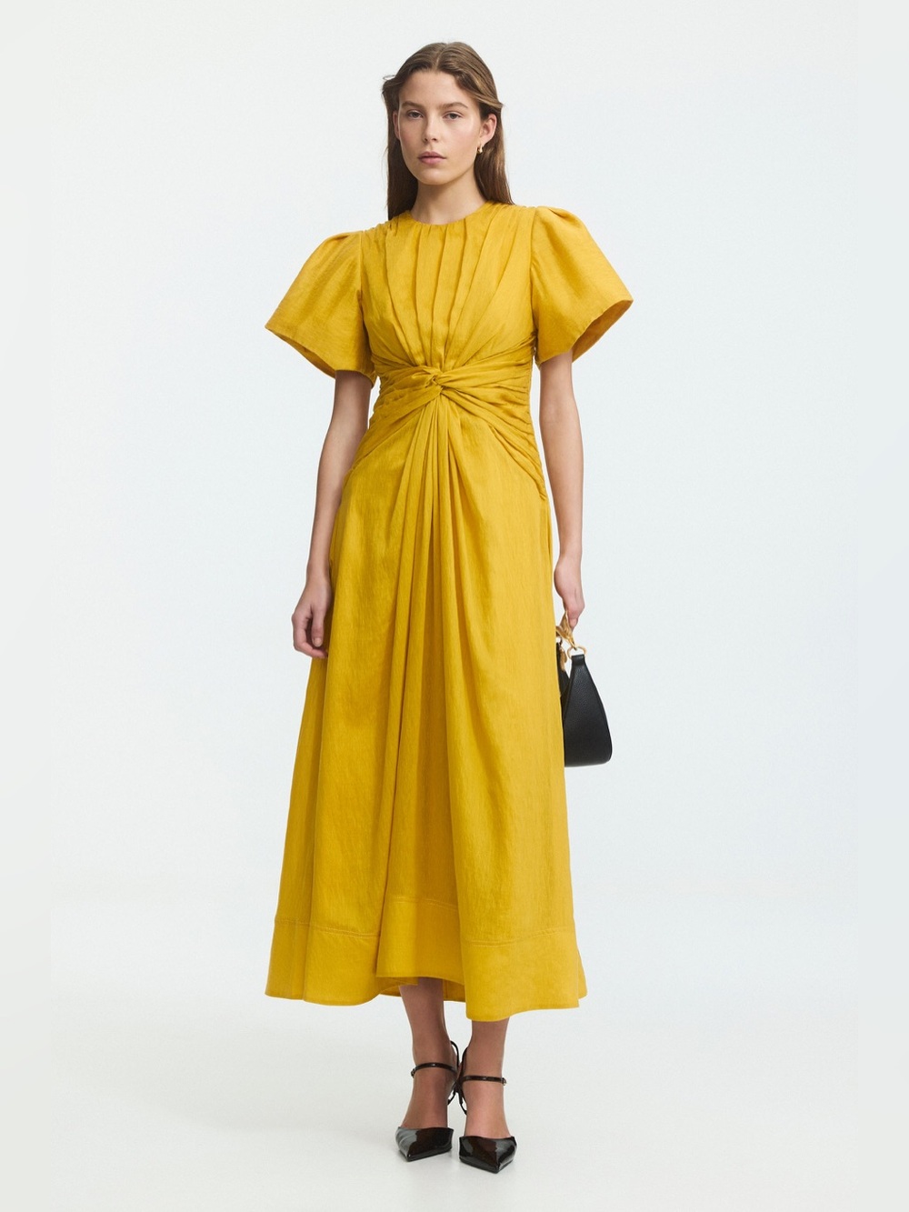 Aje Current Season Movement Dress Golden Yellow Twist-Waist Puff Sleeve Midi Dre